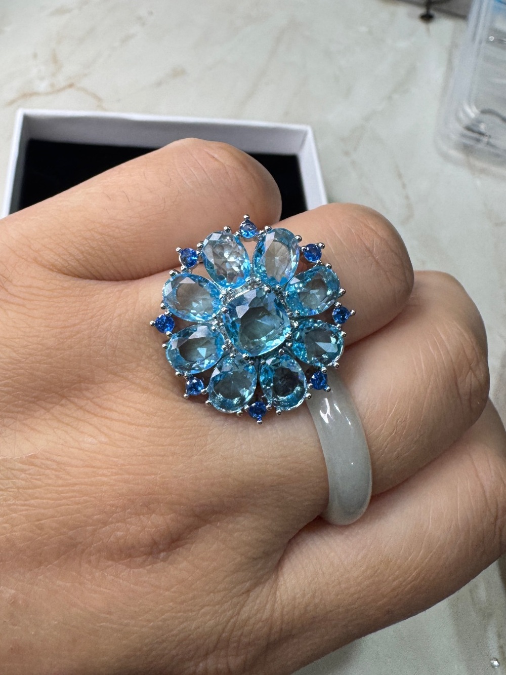 Size 8 Blue Crystal Floral Statement Ring - Women Jewelry